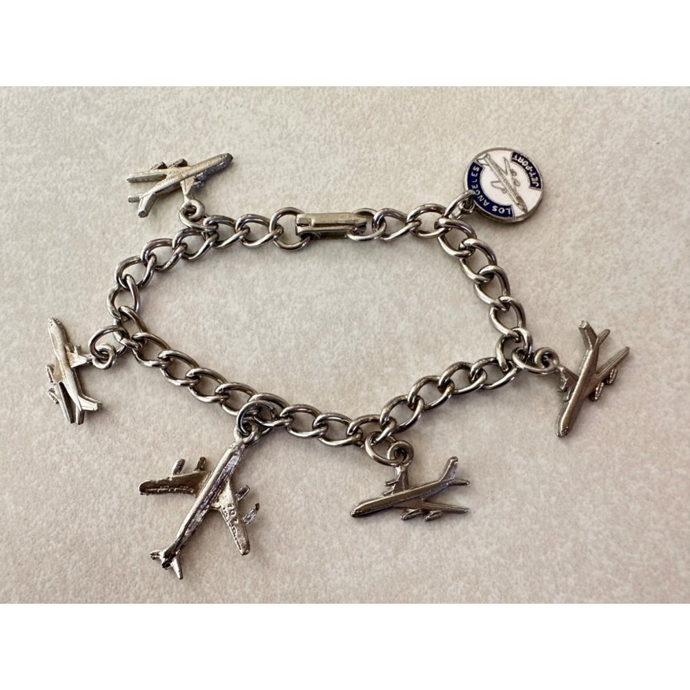 MCM LAX Los Angeles Jet-port silver tone chain link airplanes charms bracelet